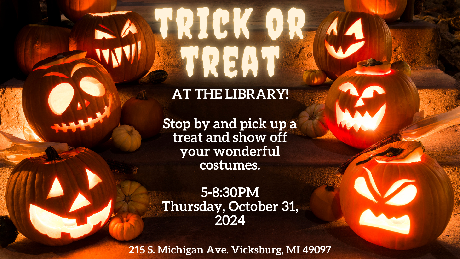 Trick or treat at the library! Stop by and pick up a treat and show off your wonderful costumes from 5-8:30pm on Thursday, October 31.